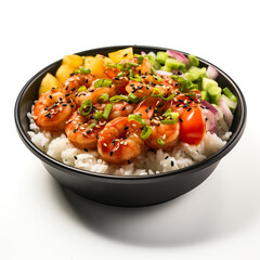 Hawaiian poke bowl with shrimp isolated on white background side view 