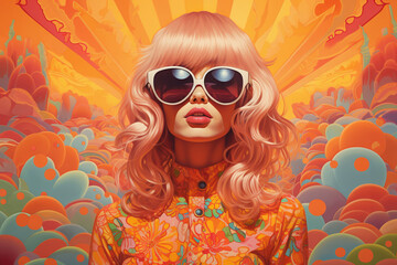 Portrait of a woman in groove style. A colorful image of a woman wearing glasses