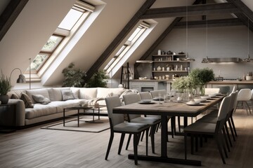 dining room in attic with gray walls, long table, sofa and armchair in living room, and kitchen on the right.