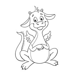 Cute little fairytale dragon. Black and white picture in cartoon style. For coloring book. Isolated on white background. Vector illustration. Symbol of the Chinese New Year
