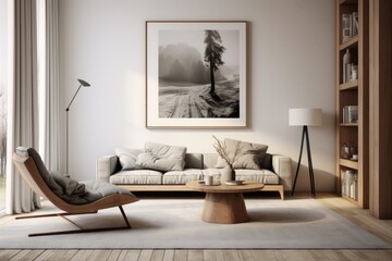 Create 3D visualization of poster frame in modern Scandinavian living room.