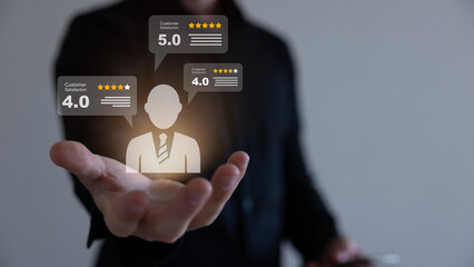 Customer Satisfaction Survey concept, 5-star satisfaction, service experience rating online application, customer evaluation product service quality, satisfaction feedback review, good quality most. © Philip