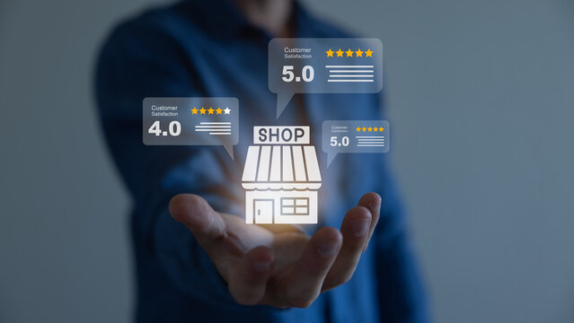 Shopping online business, e-commerce, delivery and customer review concepts. Green checkmark icon on white parcel boxes in shopping house shop with five stars rating on blue background with space.