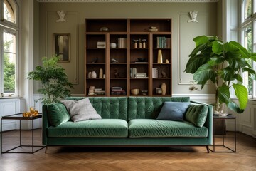 Green sofa in stylish living room.