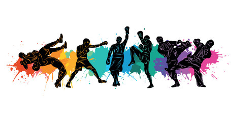 Freestyle wrestling, boxing, kickboxing, muay thai, karate, taekwondo, mixed martial arts vector colorful people silhouettes. Wrestlers, boxers, karatekas.