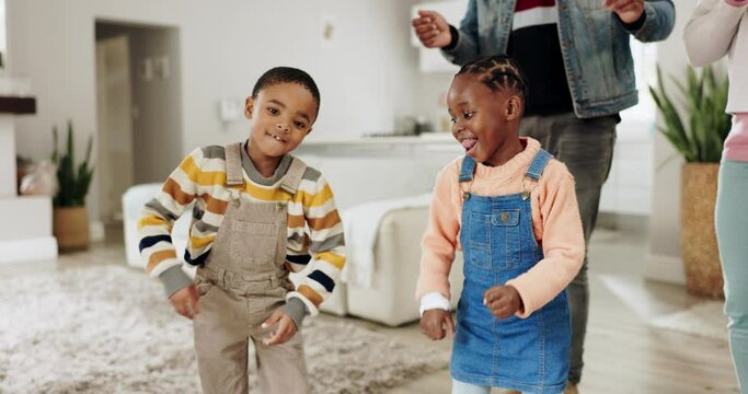 Dance, happy and face of children with parents in a house with freedom, bonding or moving together. Smile, portrait and a black family with energy, crazy and funny in the living room of a home