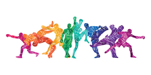 Freestyle wrestling, boxing, kickboxing, muay thai, karate, taekwondo, mixed martial arts vector colorful people silhouettes. Wrestlers, boxers, karatekas.