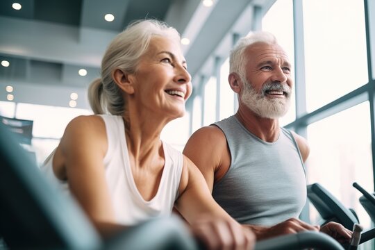 senior woman man exercise gym fitness couple sport healthy elderly health training active happy treadmill old fit mature female adult workout body vitality