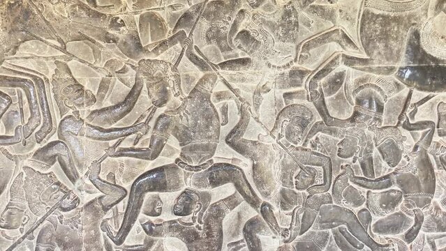 The famous bas-relief on the inside wall of the first floor of the Angkor Wat temple in Siem Reap, Cambodia