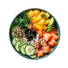 Poke bowl with rice salmon cucumber mango onion wakame salad poppy seeds and sunflower seeds on transparent background Empty area for text