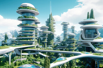 Eco-friendly urban future. Futuristic cityscape adorned with skyscrapers, rooftop gardens and green spaces. Concept of creating Innovation, environmentally responsible future urban environments