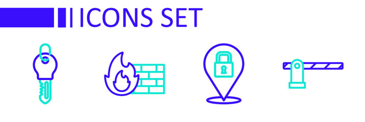 Set line Parking car barrier, Lock, Firewall, security wall and Key icon. Vector