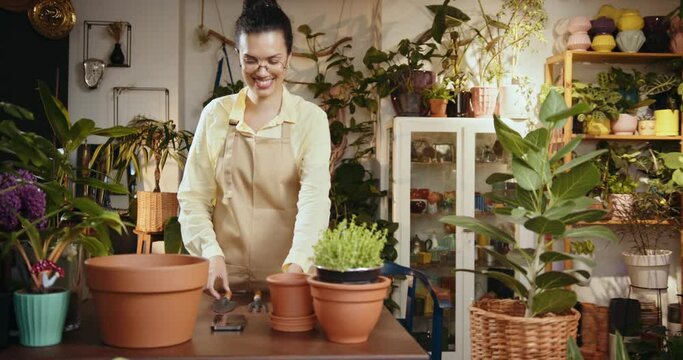 Happy Black Woman Entrepreneur Talking On The Phone While Standing Behind Counter In Plant Store. Smiling Plant Store Female Owner Working Standing At Counter. Small Business Entrepreneur.