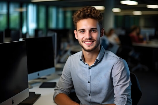 Portrait Of Confident Smiling Male Young Professional Software Engineer Persona Workplace In Tech Office Blur Background. Successful Software Developer In Shirt Looking At Camera With Crossed Arms.