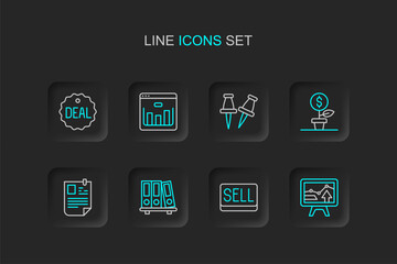 Set line Monitor with graph chart, Sell button, Office folders, Resume, Dollar plant, Push pin, Browser stocks market and Deal icon. Vector