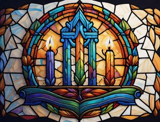 Image of a Hanukkah menorah emblem featuring colored stained glass, suitable for Jewish holiday Hanukkah greeting cards. Created with generative AI tools
