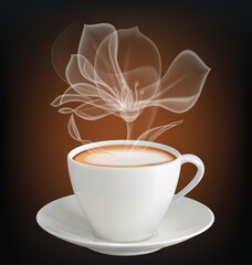 A cup of coffee, white couple in the form of flowers on a dark background. Vector illustration