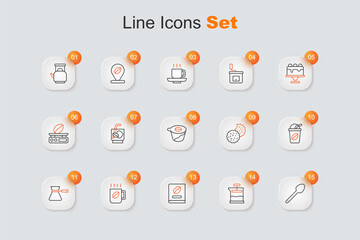 Set line Teaspoon, French press, Coffee book, cup, turk, Iced coffee, Cookie or biscuit and Pour over maker icon. Vector