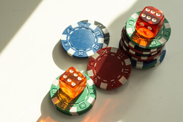 multicolor poker chips heaps isolated on white background. closeup horizontal shot.