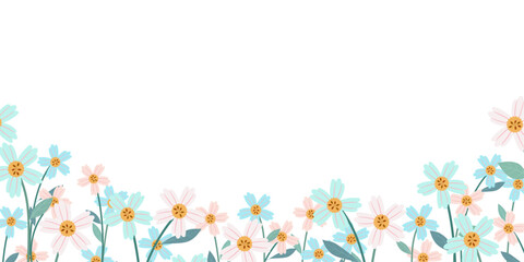 Fototapeta na wymiar horizontal banner or backdrop floral decorated with gorgeous multicolored flowers and leaves border spring botanical flat vector illustration on transparent background