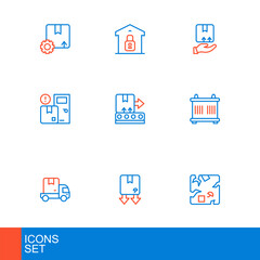 Set line Broken cardboard box, Cardboard with traffic symbol, Delivery cargo truck, Container, Home delivery services, Conveyor belt, hand and Closed warehouse icon. Vector