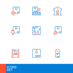 Set line Cardboard box with clock, Carton cardboard, Warehouse interior boxes, Search package, Package fragile content, Broken, Closed warehouse and Conveyor belt icon. Vector