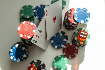 A close up macro image of 4 aces lying on a stack of poker chips