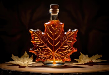 Maple syrup bottle with maple leaves on wood, isolated on black background