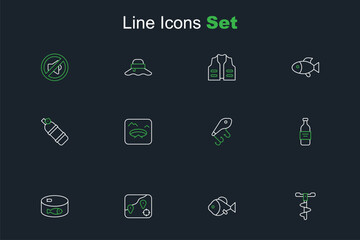 Set line Hand ice drill, Fish, Location fishing, Canned, Bottle of vodka, Fishing lure, Winter and Aqualung icon. Vector