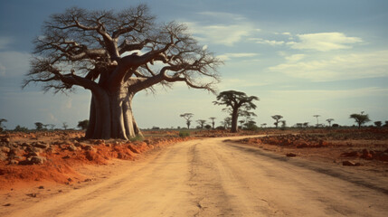 Obraz premium paysage aride de la savane africaine avec l’emblématique baobab arbre géant et sacré