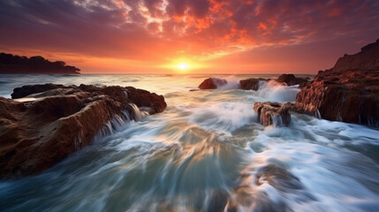 Fototapeta na wymiar Intense couleurs au coucher de soleil sur la plage, pose longue, écume des vagues dans les rochers