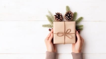 Hands holding stylish simple Christmas gift in craft paper on rustic white table with fir branches, pine cones. Plastic free sustainable lifestyle. Generative AI