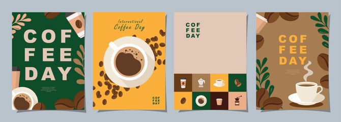 Set of International Coffee Day banner, 1st October holiday. Geometric simple minimalistic horizontal greeting flat style for banner, poster, background. Vector illustration. - obrazy, fototapety, plakaty