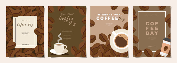 Set of International Coffee Day banner, 1st October holiday. Geometric simple minimalistic horizontal greeting flat style for banner, poster, background. Vector illustration.