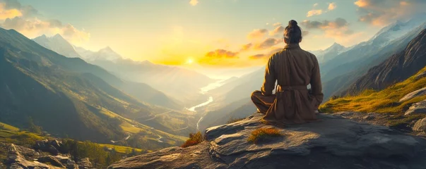 Fotobehang Yogi Practicing on a Mountain Overlook at Dawn. © dimensdesign