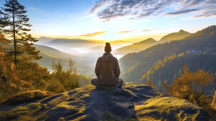 Naklejka na ściany i meble Yogi Practicing on a Mountain Overlook at Dawn.