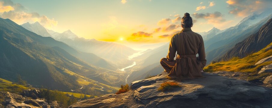 Yogi Practicing on a Mountain Overlook at Dawn.