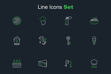 Set line Italian cook, Wine glass, Cheese, Bottles of wine, Ice cream waffle, Old key, Map Italy and Pope hat icon. Vector