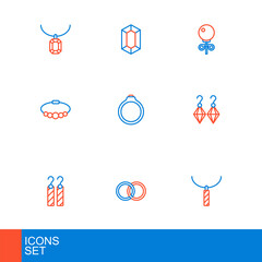 Set line Pendant on necklace, Wedding rings, Earrings, Bracelet jewelry, Diamond engagement, Stud earrings and Gem stone icon. Vector