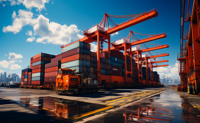 Colorful containers stacked under the big cranes. Loading machine at foreground. Low angle view. Blue bright sky at backdrop.