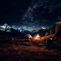 Embrace the calm of a snowy mountain night with our campfire illustration, where the moon and stars illuminate the serene landscape.