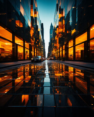 Modern city street with specular tiles on the ground and glassy windows of buildings. Empty urban space with yellow light on. - obrazy, fototapety, plakaty