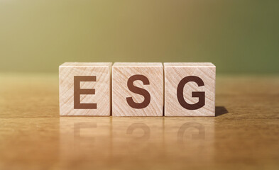 Letters of the alphabet of ESG. Wooden cubes standing on green background. ESG - short for...