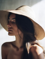 Vertical shot of an attractive woman at the beach wearing a hat and looking at the camera. Generative AI.