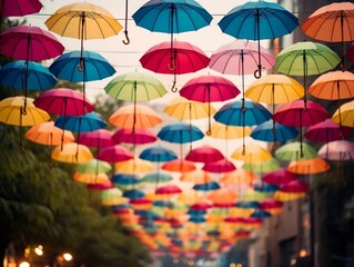 Fototapeta premium Colorful banner with a bunch of paper umbrellas generative ai