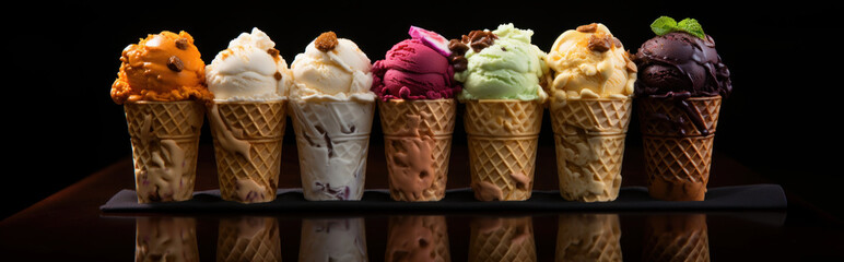 Ice cream flavor collection on dark background, Generative ai