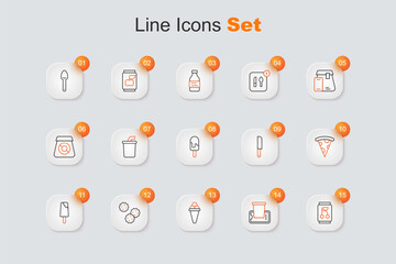 Set line Soda can, Food ordering on mobile, Ice cream waffle, Cookie biscuit, Slice of pizza, Knife and icon. Vector