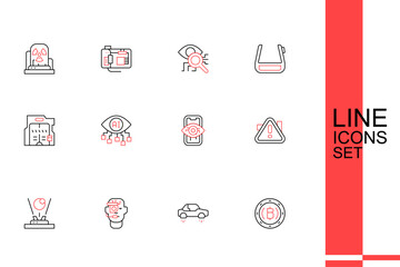 Set line Cryptocurrency coin Bitcoin, Fantastic flying car, Smart glasses on spectacles, Hologram, Exclamation mark triangle, Computer vision, and Futuristic sliding doors icon. Vector