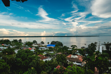 Puerto Narino Time Lapse Colombia Tropical Landscape Skyline Amazon River Shore, Blue Sky, Clouds...