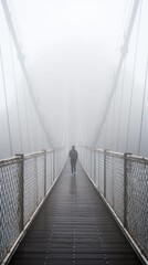 Fuzzy man walking on hanging bridge vanishing in fog. Generative AI